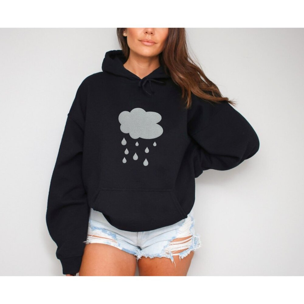 Rainy Days Hoodie – Black Pullover with Gray Rain Cloud Graphic for Cozy, Calm